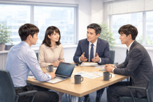 明るい自然光が入る日本のオフィスで、男女4人の社員がひとつのテーブルを囲み、ノートPCや資料を前に落ち着いて話し合っている様子。