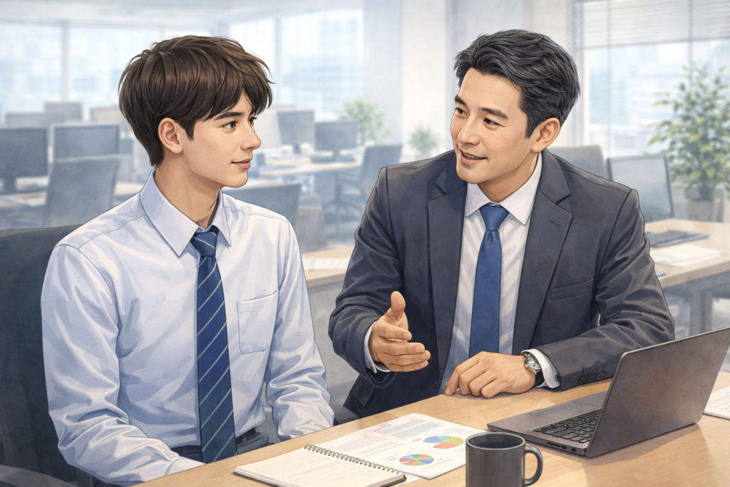 現代的な日本のオフィスで、若手社員が先輩社員の話を安心した表情で聞いている、相談しやすい空気が伝わる場面。